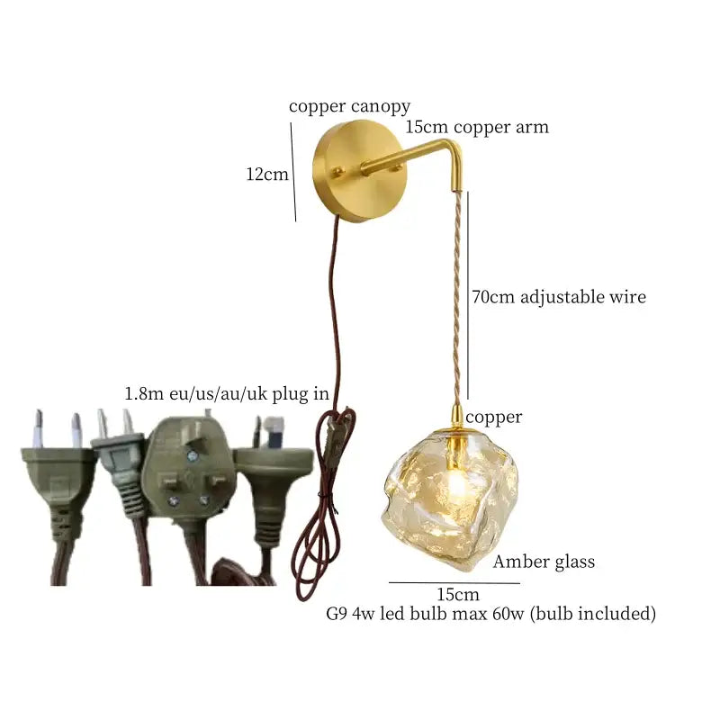 Gold-toned copper DecorBites amber glass led wall lights with faceted amber glass globe pendant for vintage Japanese decor