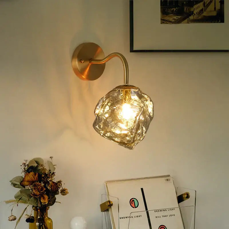 Gold-toned DecorBites amber glass LED wall light with textured faceted glass shade for vintage Japanese home decor