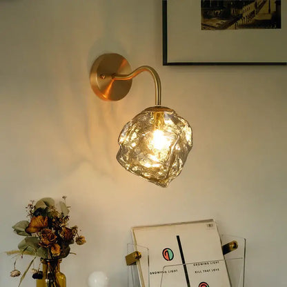 Gold-toned DecorBites amber glass LED wall light with textured faceted glass shade for vintage Japanese home decor