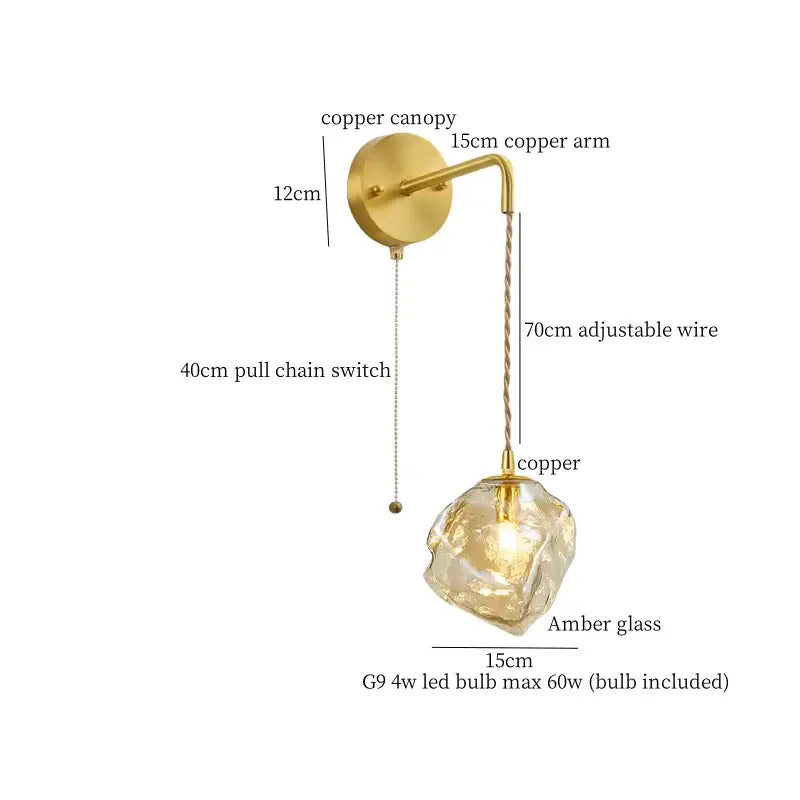 A modern copper wall sconce with textured amber glass shade and adjustable wire from DecorBites amber glass led wall lights