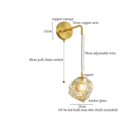 A modern copper wall sconce with textured amber glass shade and adjustable wire from DecorBites amber glass led wall lights