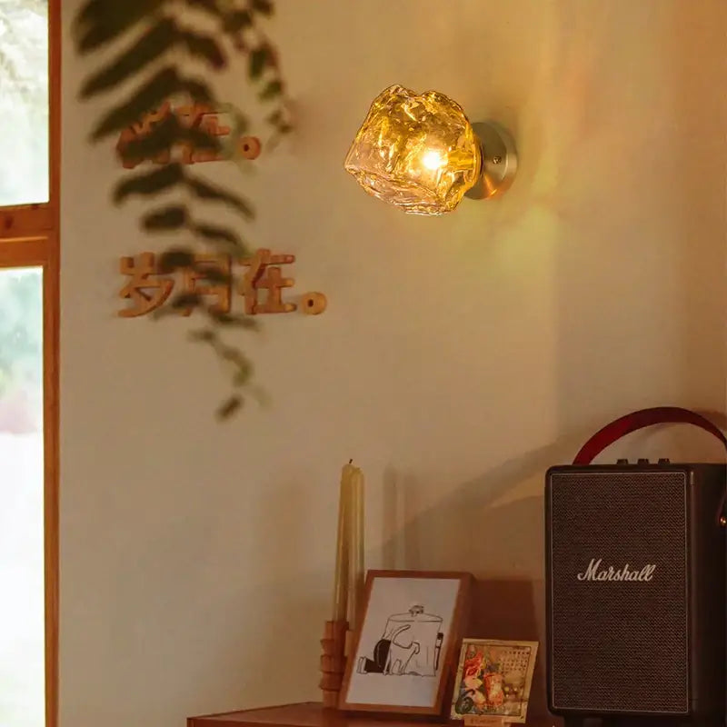 Golden textured decorbites amber glass led wall lights with warm glow for vintage japanese home decor wandlamp