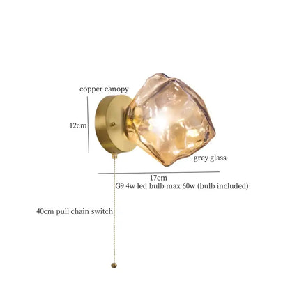 Decorbites amber glass led wall lights modern wall sconce with copper canopy grey glass shade and 40cm pull chain switch