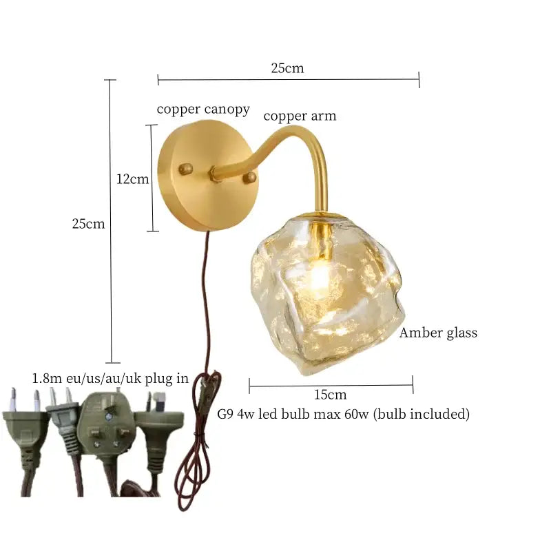 DecorBites amber glass led wall lights featuring a warm amber textured glass lamp with polished copper canopy arm