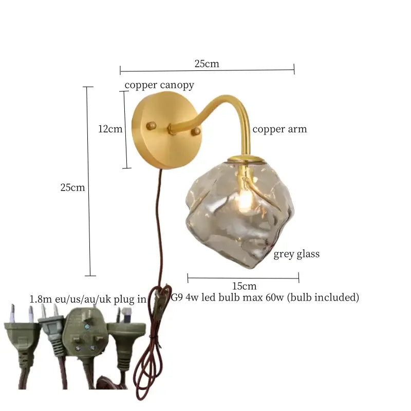 Modern wall lights featuring decorbites amber glass led with polished copper and translucent grey glass shade