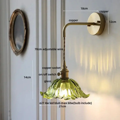 Vintage-style copper wall sconce with green glass flower shade in DecorBites amber glass led modern Nordic style