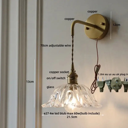 Vintage-style DecorBites amber glass LED wall sconce with clear fluted glass shade copper brass finish and adjustable wire