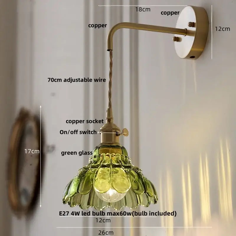 Vintage-style decorbites amber glass led wall sconce with copper body and green petal-shaped glass shade in brass finish