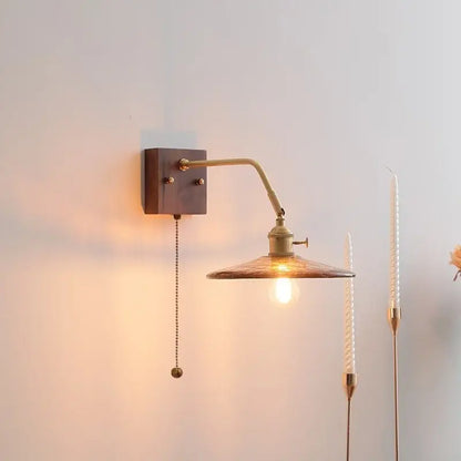 Brass wall sconce with wooden backplate and amber glass led shade by decorbites amber glass with pull chain switch
