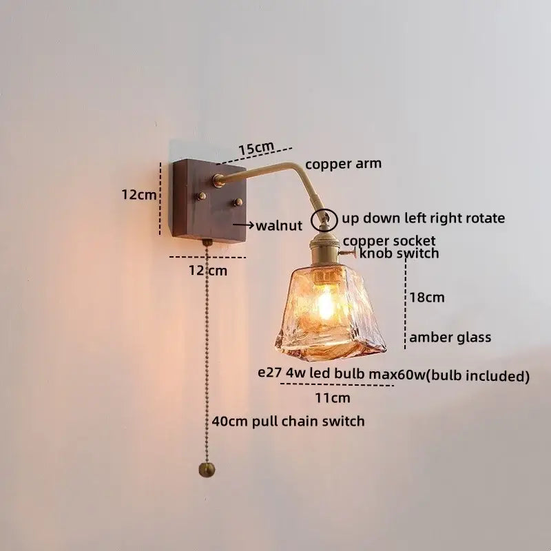 Industrial-style wall sconce with dark walnut base, curved copper arm, and amber glass led shade by DecorBites amber glass