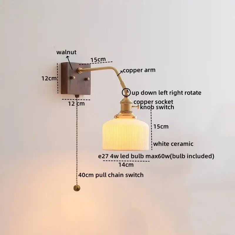 Vintage-style wall sconce with walnut base, copper arm, and white ceramic shade, complementing decorbites amber glass led design