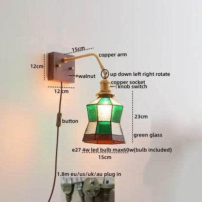 DecorBites amber glass led wall sconce with copper arm, walnut plate, and green amber stained glass shade pull chain switch