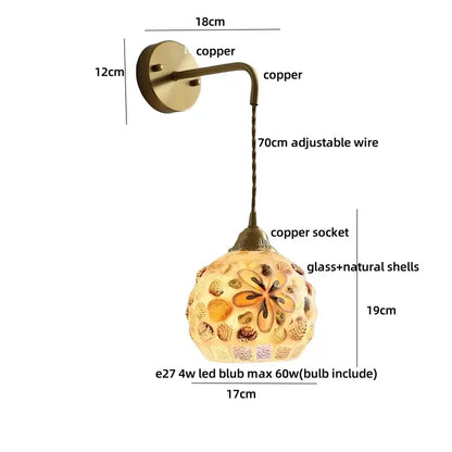 Decorbites amber glass led wall sconce with copper bracket and adjustable wire featuring seashell floral glass shade