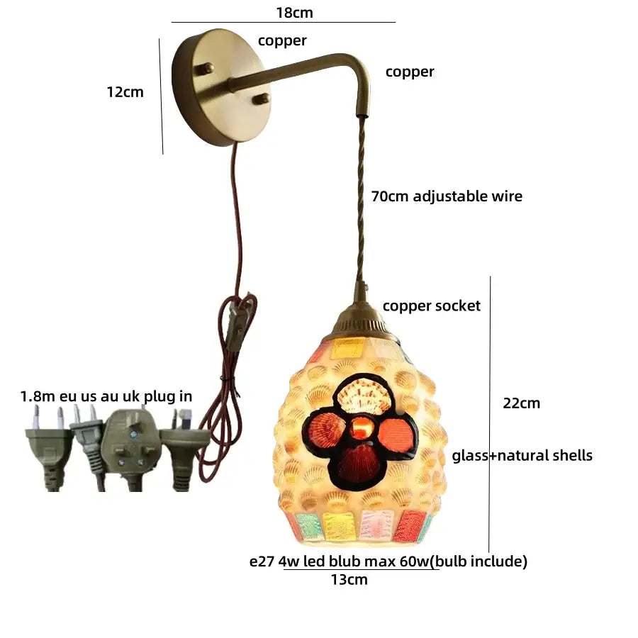 Decorbites amber glass led wall sconce with copper mosaic glass and natural shell shade featuring floral patterns