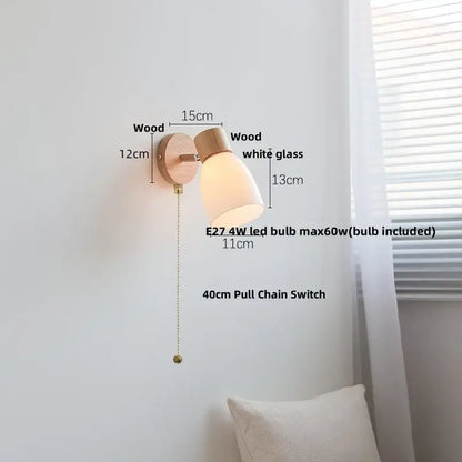 Minimalist decorbites amber glass wall sconce with light wood finish white shade and e27 led bulb pull chain switch