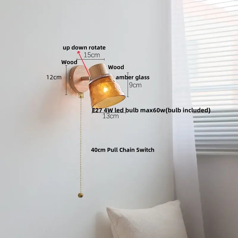Decorbites amber glass led wall sconce with warm amber glass, wooden base, and 40cm pull chain switch for stairs