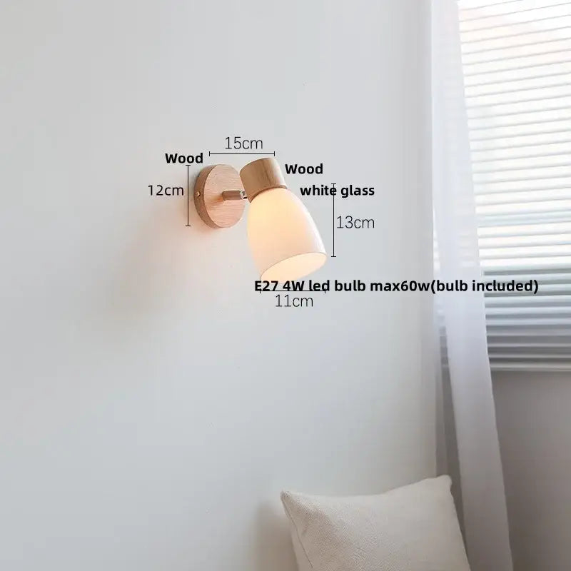 Minimalist decorbites amber glass led wall sconce with natural wood base and white glass shade for indoor lighting