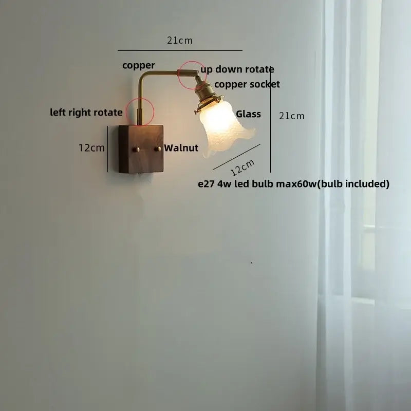 DecorBites amber glass LED wall sconce with walnut wood and pull chain switch for living room lighting