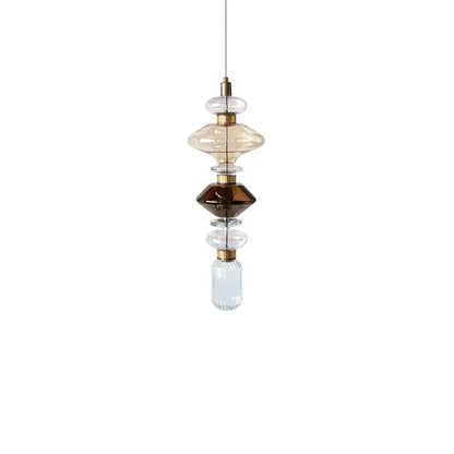 Decorbites amber glass pendant light with stacked clear amber and brown glass orbs and brass accents for vintage style