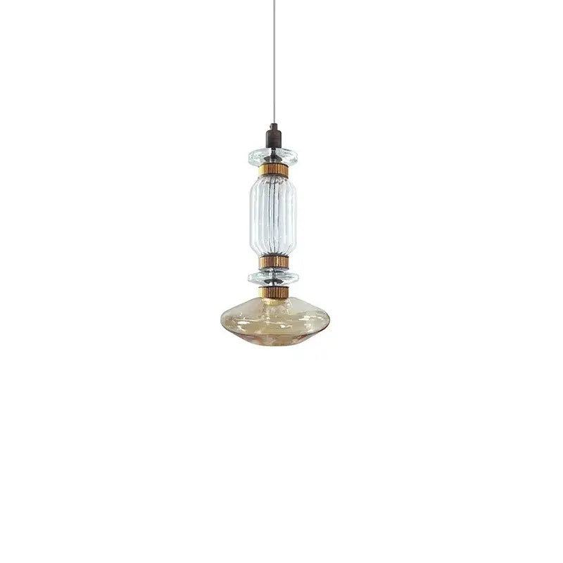 DecorBites amber glass pendant light with clear ribbed body amber base and brass fittings for vintage hotel or bar decor