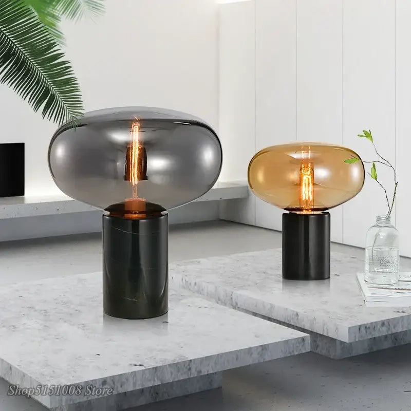 Modern decorbites amber glass table lamp with smoky gray and amber translucent glass domes on black bases