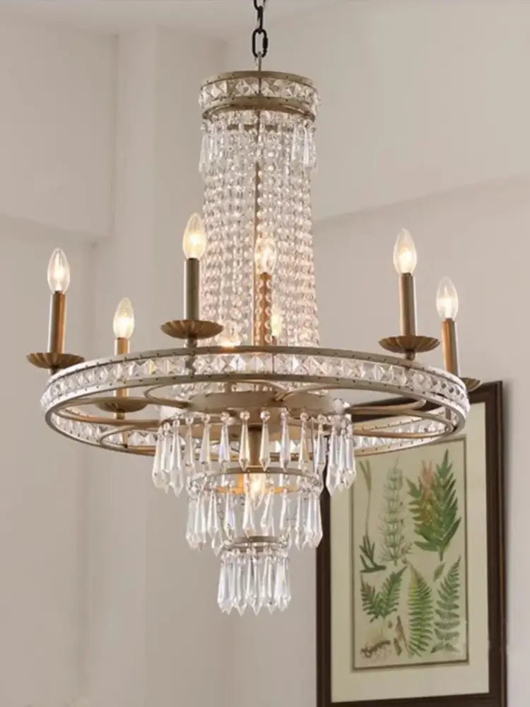 Antique brass decorbites american country chandelier with cascading crystal droplets and candle-style bulbs for dining room