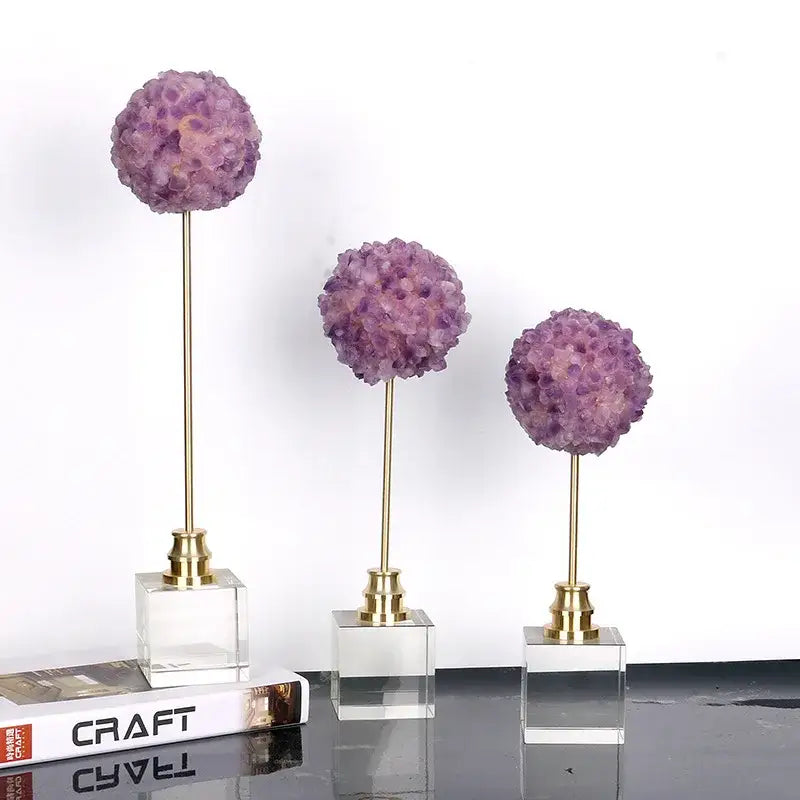 DecorBites™ amethyst flower metal sculpture with three purple amethyst flower orbs on gold stems and acrylic bases