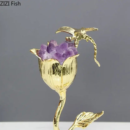 DecorBites amethyst flower ornaments gold-plated dragonfly decor sculpture featuring purple crystals and a golden bird