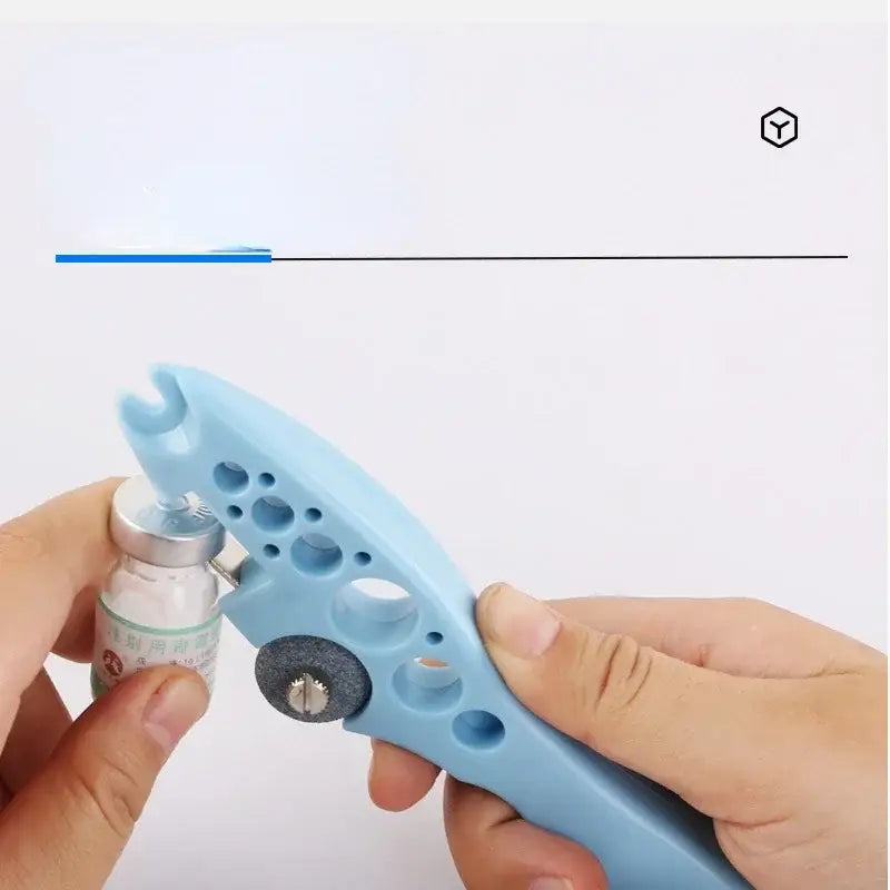 Light blue plastic ampoule opener with circular grinding stone attachment easy nurse assistant tool for medical vials