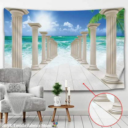 Beige decorbites™ ancient architecture tapestry wall hanging depicting tropical beach scene with columns and turquoise waves