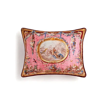 Rectangular pink tapestry cushion cover with ornate gold-framed classical scene for ancient art vintage revival decor