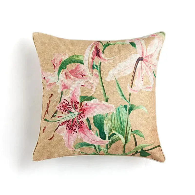 Beige DecorBites™ cushion covers with embroidered pink lilies and green stems in ancient art vintage revival style