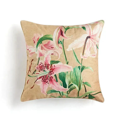 Beige DecorBites™ cushion covers with embroidered pink lilies and green stems in ancient art vintage revival style