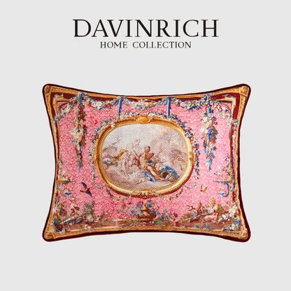 DecorBites™ ancient art vintage pink tapestry cushion covers with ornate gold baroque classical figures and floral motifs
