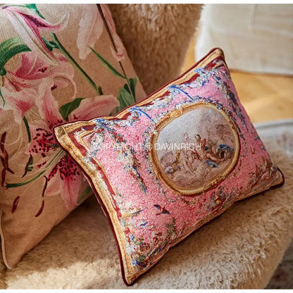 Pink rectangular cushion cover with ornate gold-trimmed embroidery and central oval tapestry for ancient art vintage revival decor