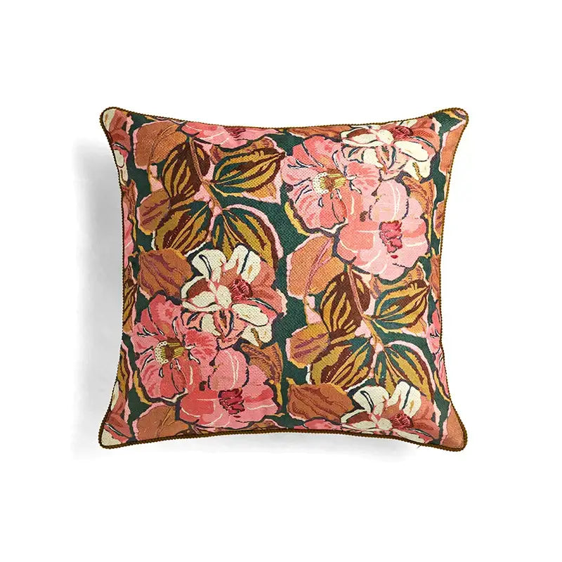 Square cushion covers set of 2 with vibrant pink white blossoms and brown leaves on deep green ancient art vintage background
