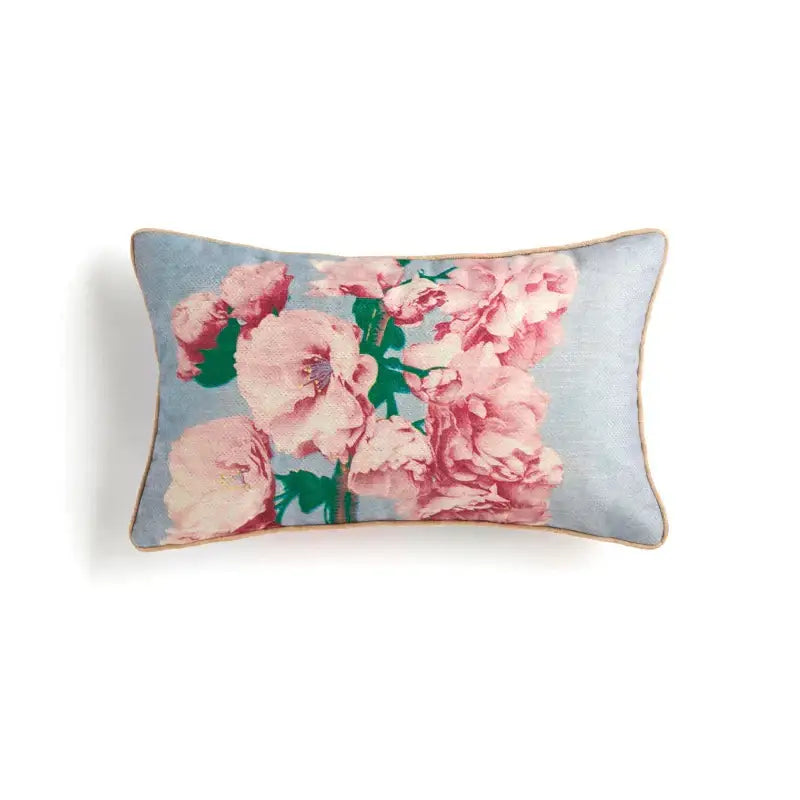 Rectangular cushion covers with soft blue background, vibrant pink peonies, and gold trim in decorbites ancient art vintage revival style