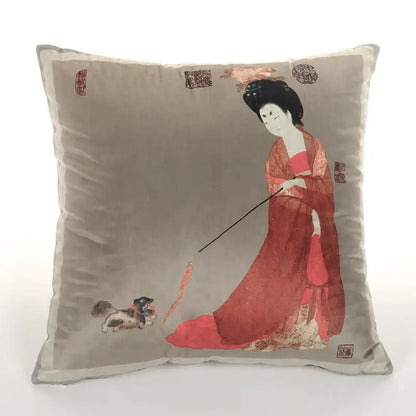 A square velvet satin throw pillow cover featuring an illustration of an ancient chinese beauty girl in red robes