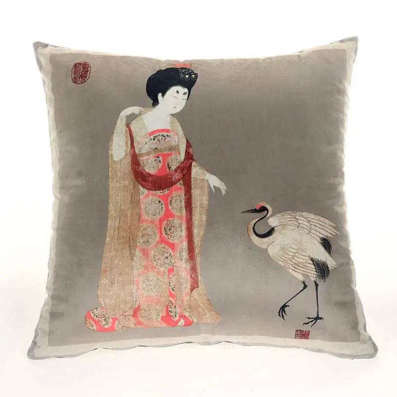 Gray velvet satin throw pillow cover featuring embroidered ancient chinese beauty girl with crane design 45x45cm