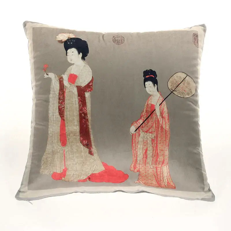 Gray velvet throw pillow cover featuring embroidered ancient chinese beauty girls in flowing red and beige robes