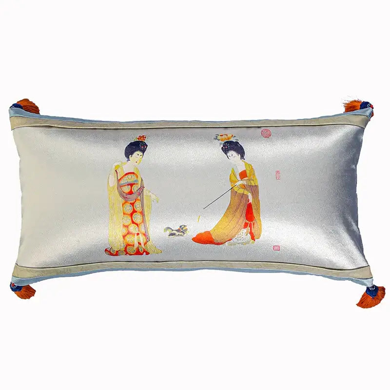 Silver satin rectangular pillow cover featuring embroidered ancient chinese beauty girls in ornate robes with orange tassels