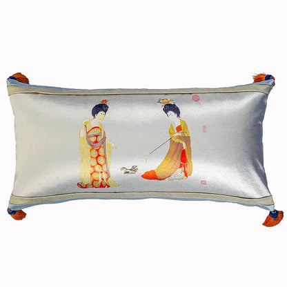 Decorbites™ ancient chinese beauty girl silver satin throw pillow cover with embroidered chinese beauty girl design and orange tassels
