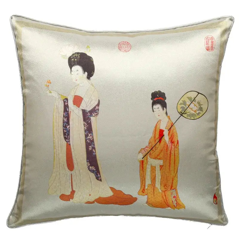 A square velvet satin throw pillow cover 45x45cm featuring an elegant illustration of ancient chinese beauty girls