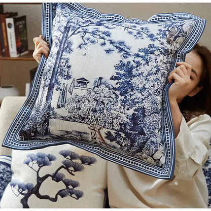 DecorBites™ ancient indigo jungle cushion covers with hand-painted blue and white porcelain indigo jungle decorative motifs