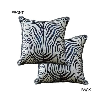 Square cushion covers with bold black and white zebra stripes and frayed edges from DecorBites™ ancient indigo jungle collection