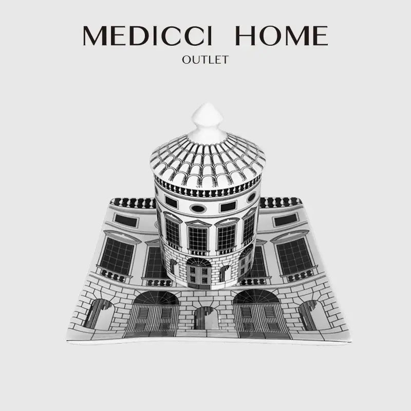 White ceramic candlestick with black detailing resembling ancient roman architecture for luxury home decor