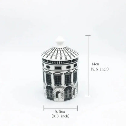 Decorbites™ ancient roman architecture ceramic incense candlestick in black and white shaped like detailed european building
