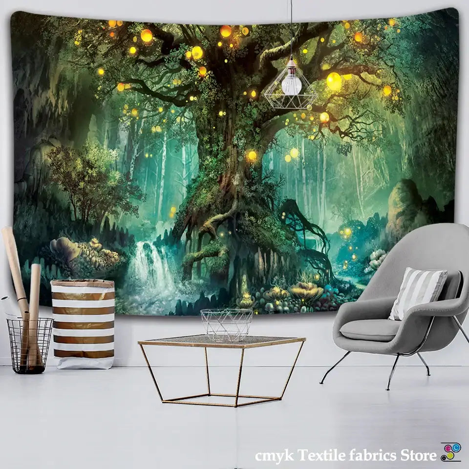 Decorbites ancient trees tapestry featuring a vibrant glowing forest with an ancient tree and luminous orbs for boho decor
