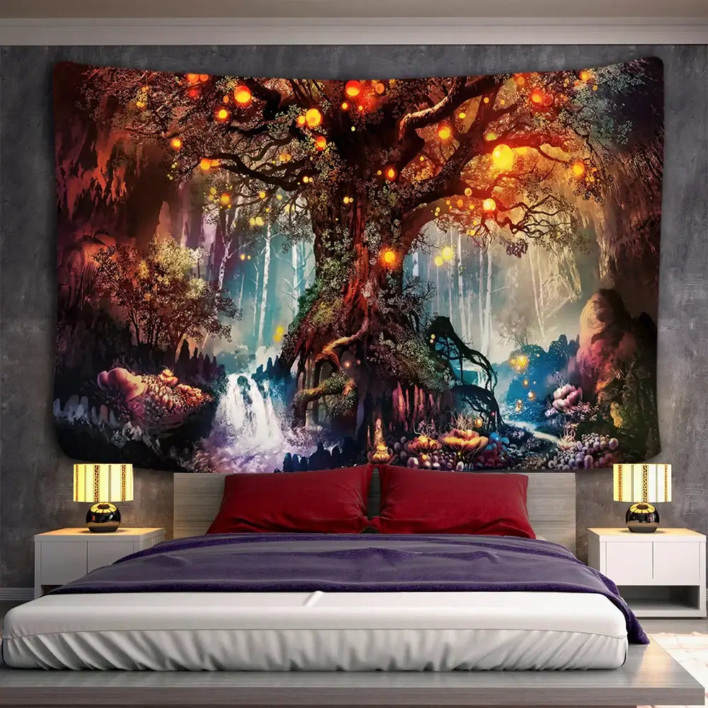 DecorBites™ ancient trees tapestry with vibrant glowing lanterns and waterfall in psychedelic 3D print for boho decor
