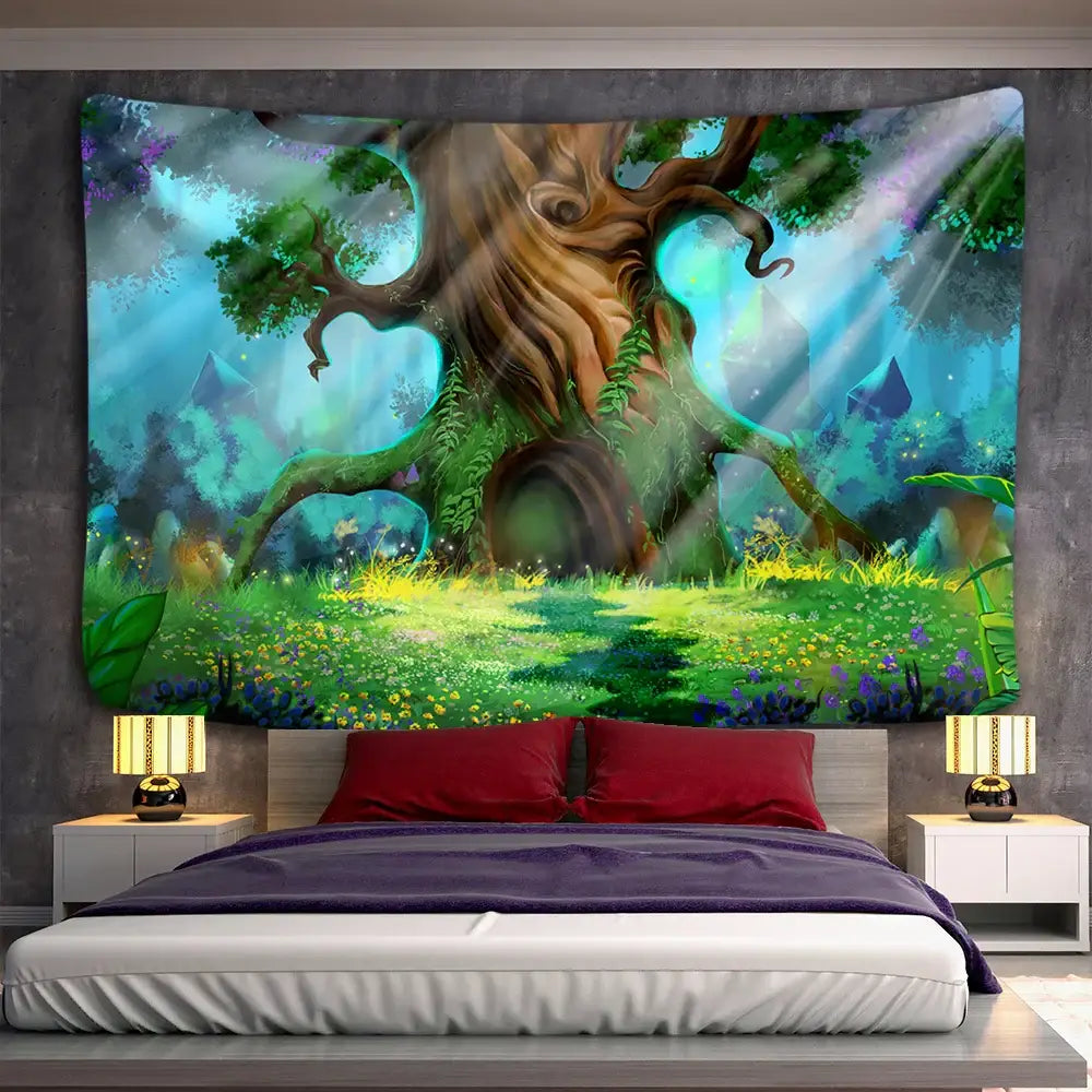Vibrant decorbites ancient trees tapestry featuring a majestic gnarled tree with glowing blue and green hues for boho decor